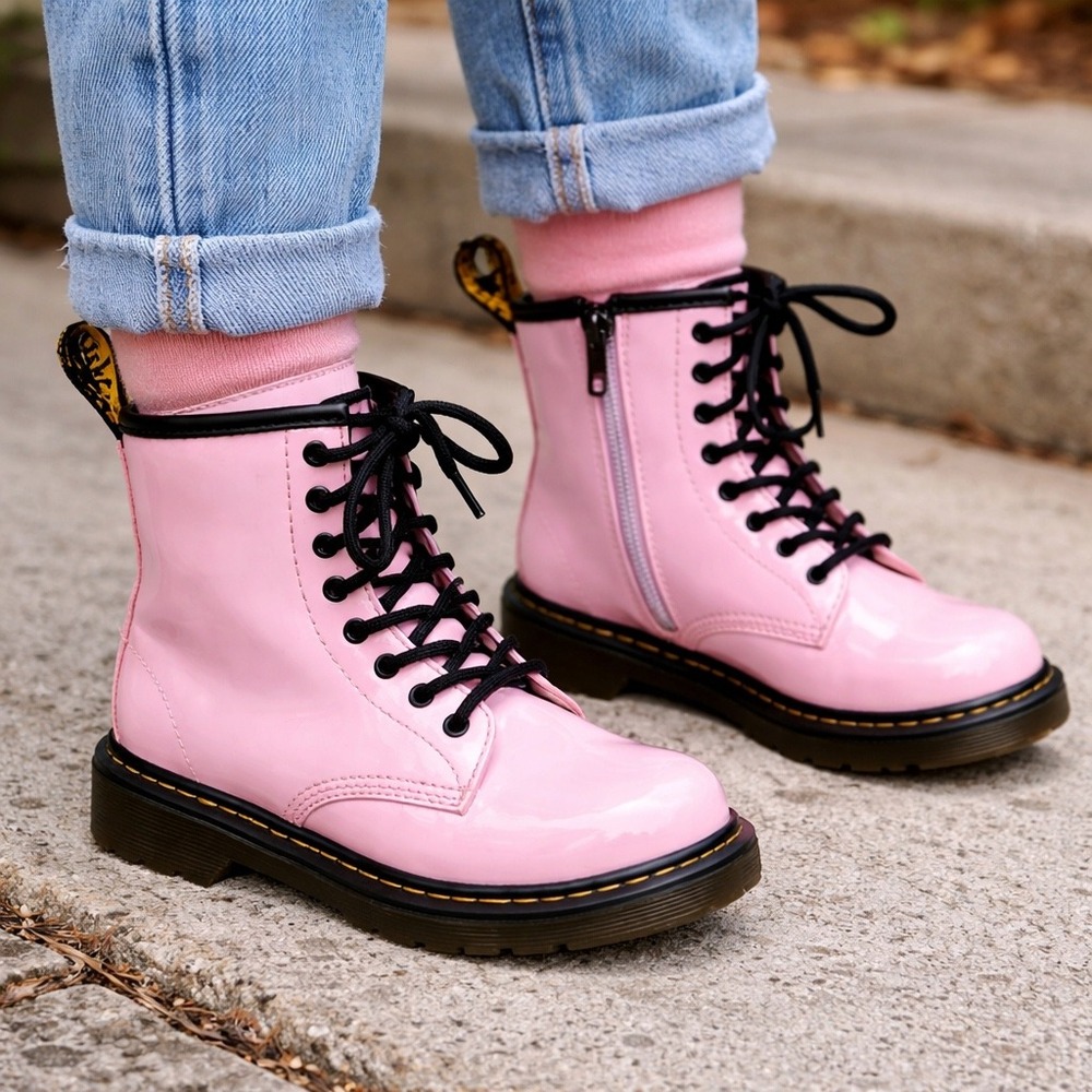 Dr.Martens Kids 1460 Pink Patent Leather Boots Lace Up Side Zip Youth Size 3 /34